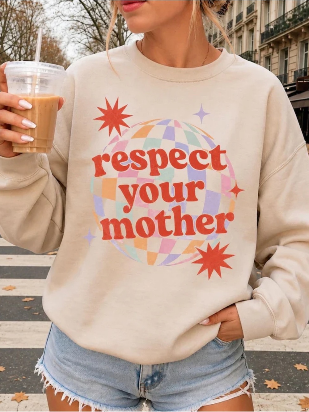 Gildan Cream Sweatshirt "Respect Your Mother" Red Graphic